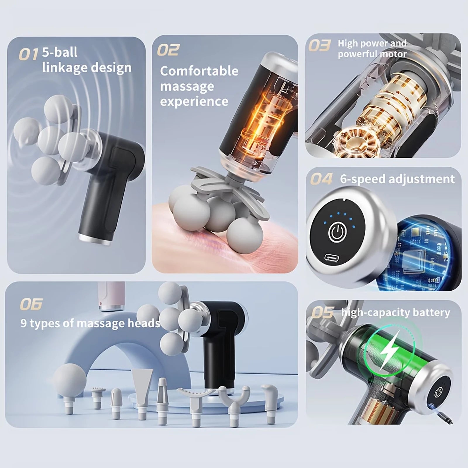 5 Head Deep Tissue Massage Gun with 9 Attachments